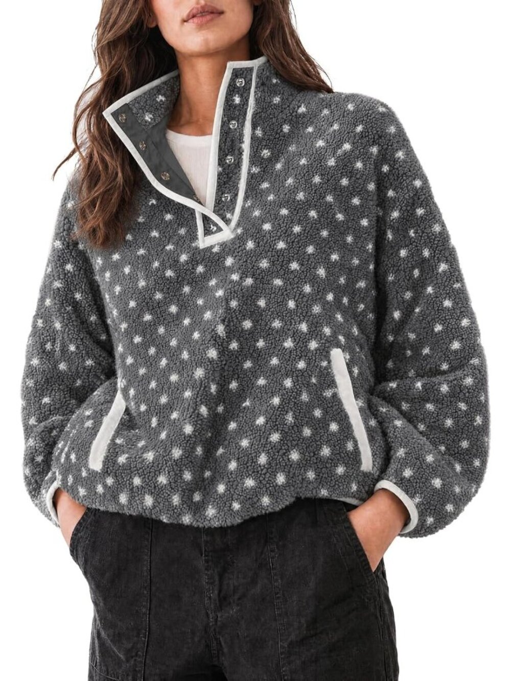 Women's Grey Floral Fuzzy Fleece Pullover Collared Oversized Jacket